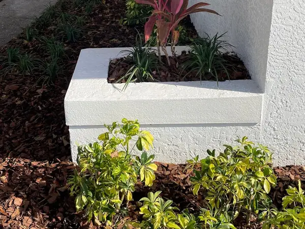 White stucco raised planter with a red ti plant, liriope and fresh pine-bark mulch, planted by College Park Sprinklers in the Orlando area