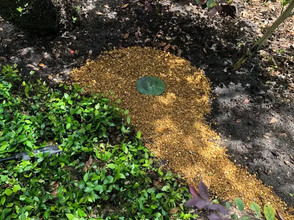 Irrigation valve box set in pea gravel inside a planted bed