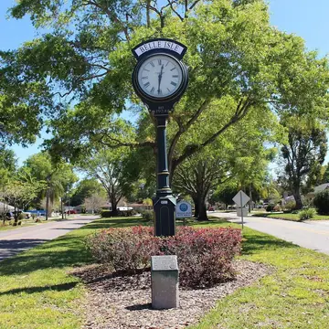 The Belle Isle street clock in a mulch bed on an oak-shaded residential street