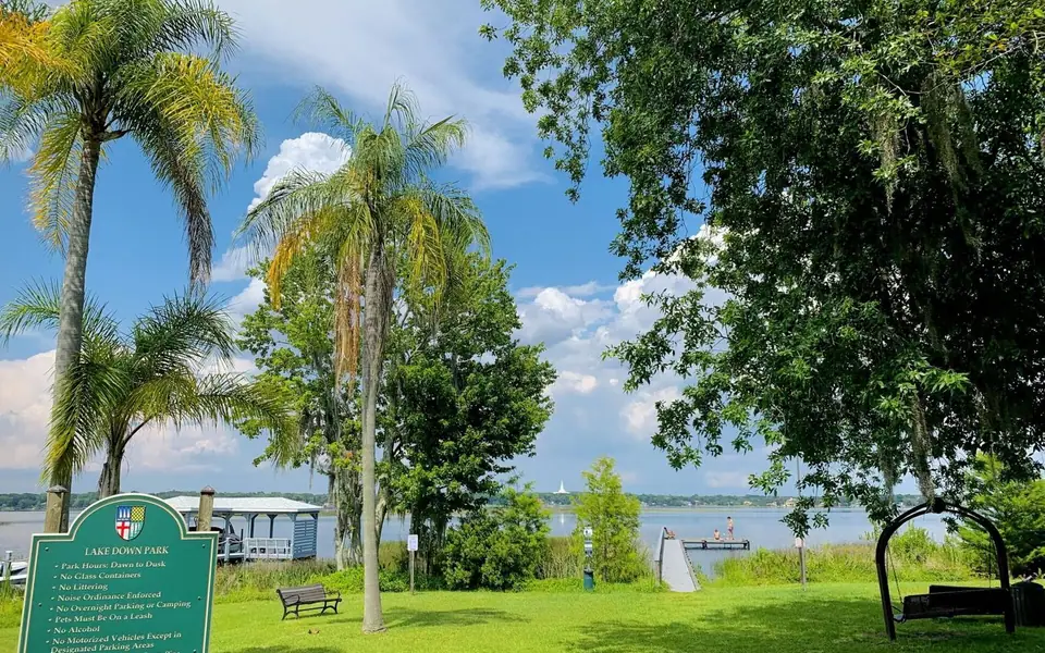 Lake Down Park: lakefront lawn, palms and live oak on Lake Down, Windermere